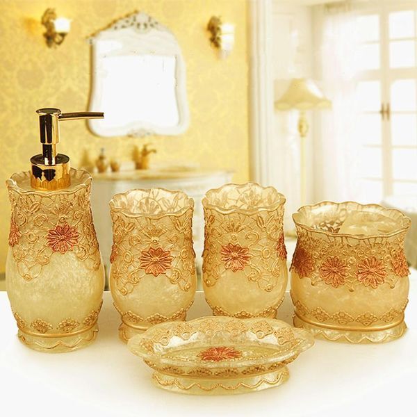 

fashion bathroom supplies resin bathroom set five pieces lace floral pattern set luxury 2 colors1