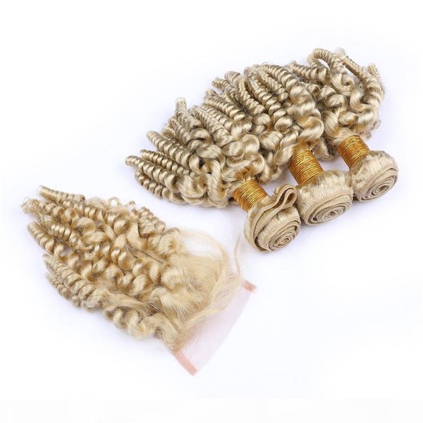 

aunty funmi virgin russian blonde human hair weave bundles with closure spiral curly #613 blonde lace front closure 4x4 with weaves, Black;brown