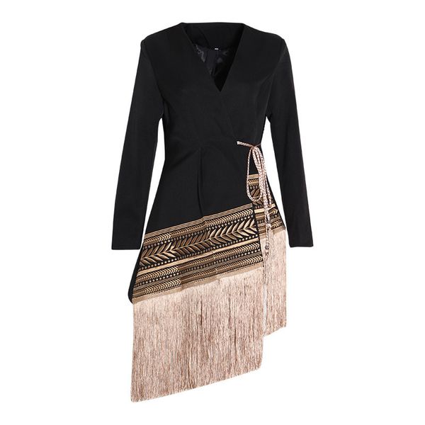 

[ewq] autumn new long sleeve women jacket suits outwear embroidered jacquard irregular fringed hem to gather waist coats 201114, White;black