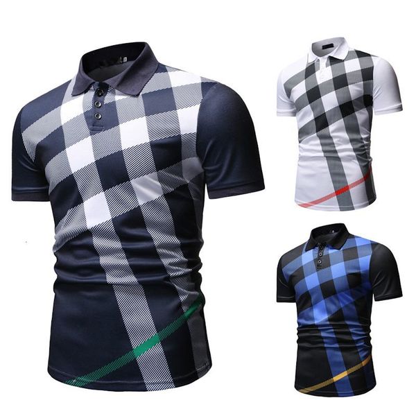 

summer 2019 men's striped checked casual with lapel collar polo, White;black