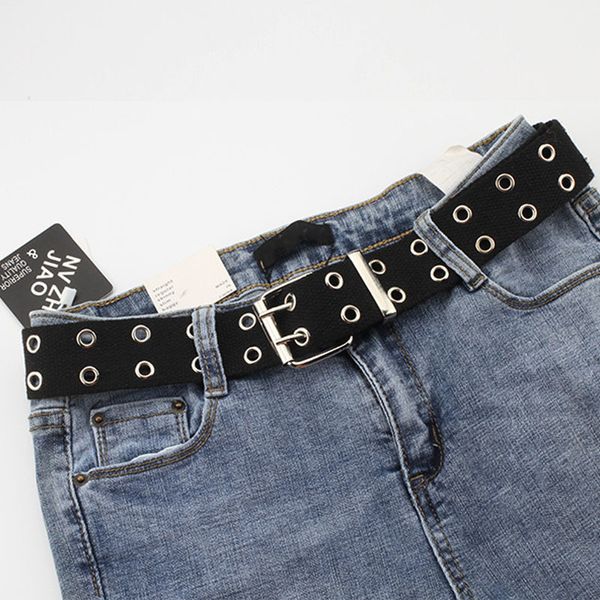 

female male waist strap belts for women men jeans new designer harajuku wide canvas web double grommet hole buckle belt, Black;brown
