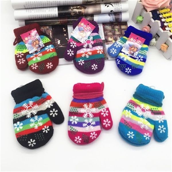 

double-covered warm kids cute knitted winter new knitting children gloves snowflakes mittens with handing rope colorful