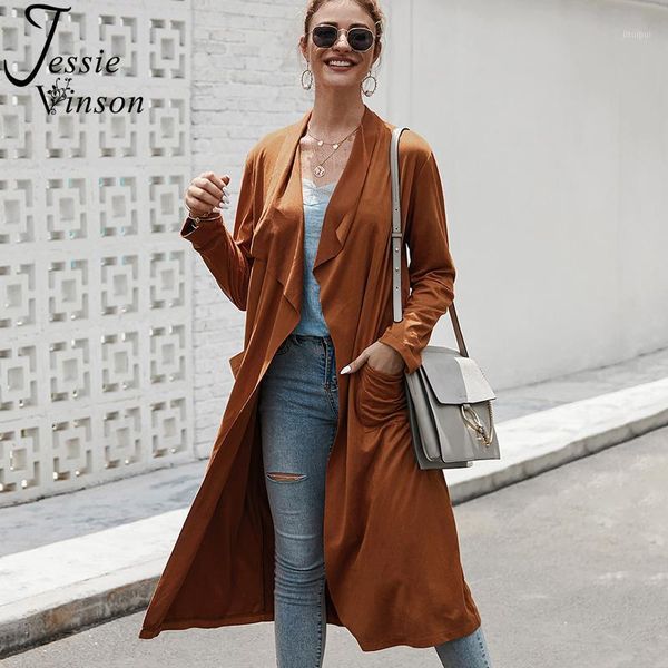 

jessie vinson long sleeve turn-down collar cardigan long trench coat women caramel color open stitch trench coat autumn spring1, Tan;black