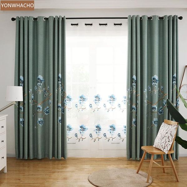 

custom curtains european elegant living room simple embroidered blue thick cotton linen cloth blackout curtain tulle drape b702