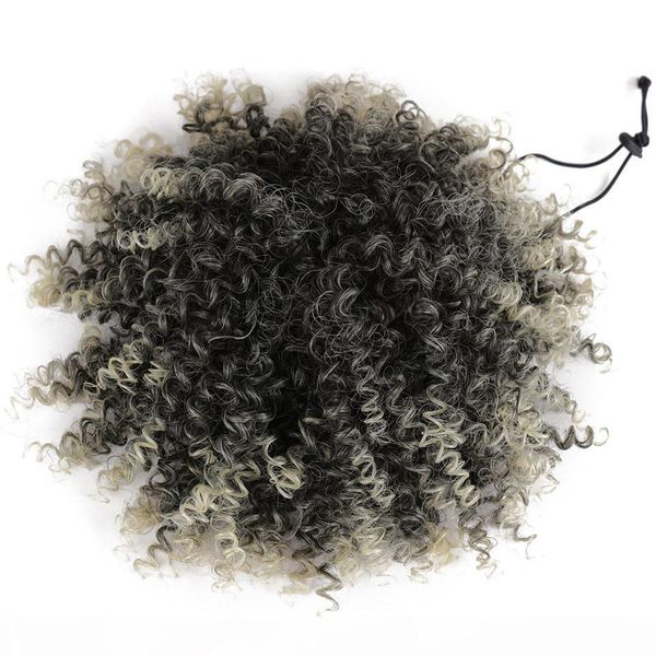 

real hair grey puff afro kinky curly ombre blonde color chignon hair bun drawstring ponytail wrap hairpiece gray fake hair extensions, Black