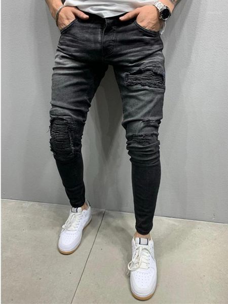 

men draped striped denim hole autumn winter vintage wash hip hop work trousers jeans pants hip hop pencil jeans man1, Blue