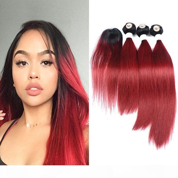 

light red ombre human hair 3 bundles with hair swirl lace closure 1b burgundy brazilian colored hair weaves 4pcs lot 190-235g lot, Black;brown