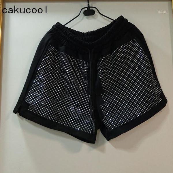 

cakucool women summer shorts stamping diamonds wide leg shorts sequined bling casual black capris plus size female1, White;black
