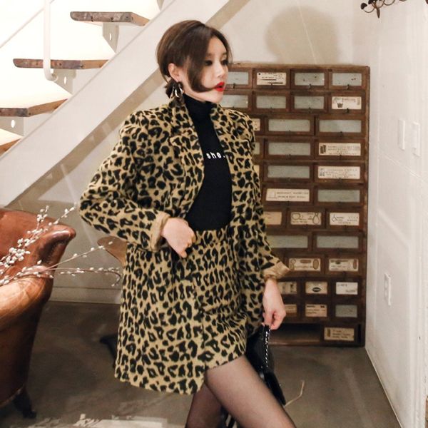 

leopard print woolen suit women's fall winter 2019 temperament double breasted suit fashion fashion bag coat buttock skirt coat pack hi, Gray