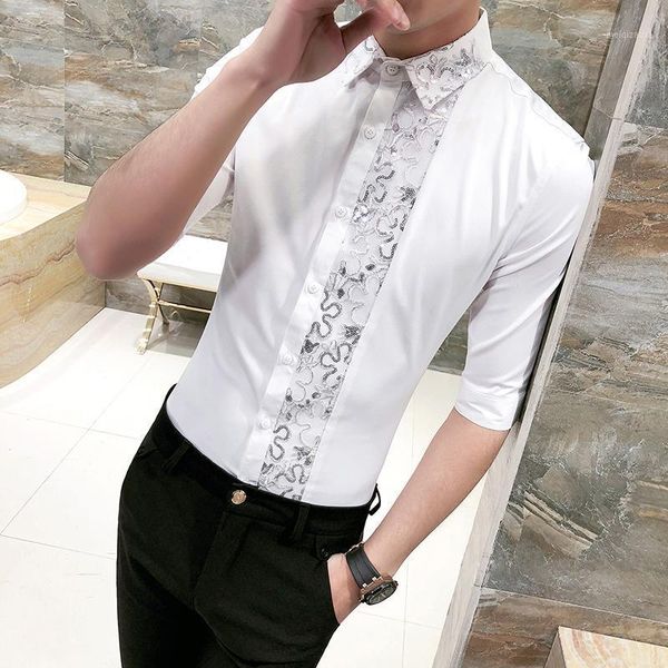 

new korean shirt mens luxury lace stitching three quarter sleeve mens dress shirts black white man shirts camisa masculina1, White;black