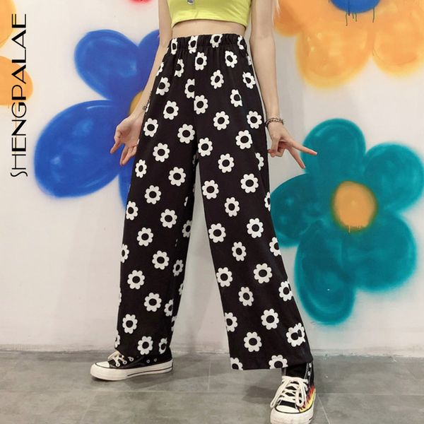 

shengpalae fashion harajuku streetwear korean women cute daisy flower graphic print straight boho high waist pant za2832 201031, Black;white