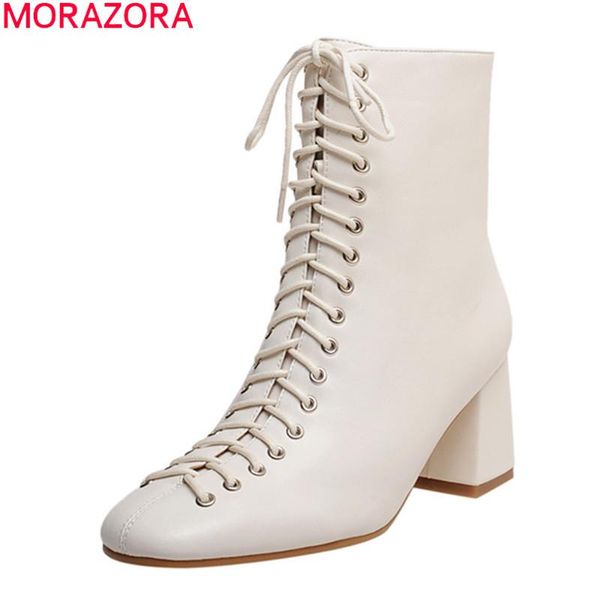 

boots morazora size 34-41 genuine leather women shoes thick high heels square toe lace up autumn winter ankle for woman, Black