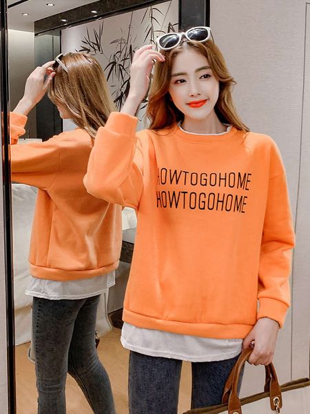 

ew versatile plush fake two piece pullover sweater loose casual long sleeve stitching women fashion, Black