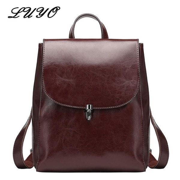 

backpack style luyo genuine leather backpacks ladies casual vintage cowhide travel feminine oil wax women girl bags mochilas
