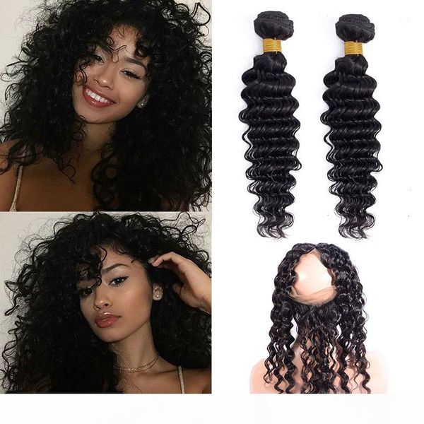 

peruvian human hair extensions 360 lace frontal with 2 bundles deep wave virgin hair wefts with closure 360 frontal pre plucked deep curly, Black;brown