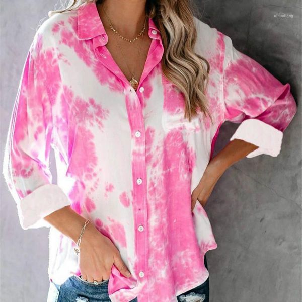 

women's blouses & shirts 2021 autumn tie-dye print long sleeve women's single breasted turn-down collar female shirt casual loose, White