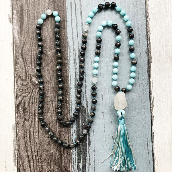 

knotted mala necklaces 108 prayer raw q-uartz necklace black labradorite & blue stone bead necklace tassel healing stone jewelry, Silver