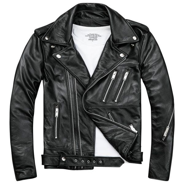 

2021 black men biker's leather jacket double diagonal zipper genuine thick cowhide slim fit short motorcycle coat ing