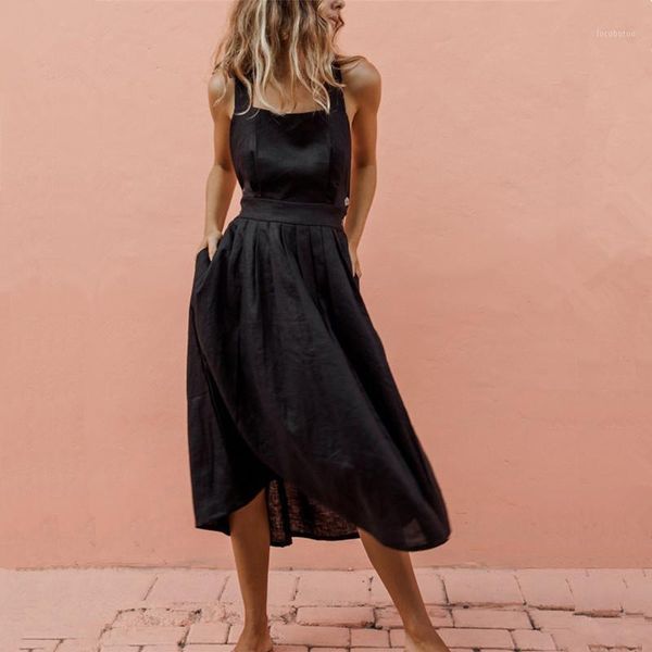 

casual dresses solid sleeveless maxi summer dress fashion bow loose long beach vestido female 2021 straps women dress1, Black;gray