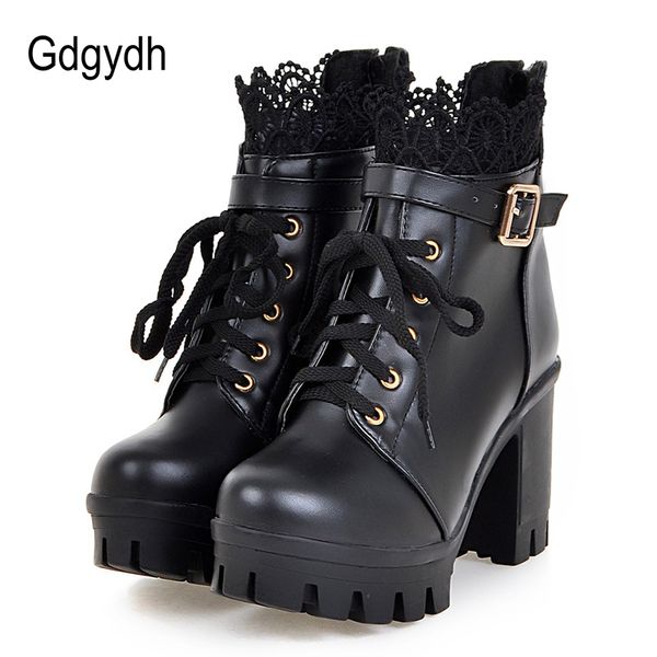 

gdgydh wholesale lace ankle boots thick high heels women boots lacing round toe platform ladies shoes large sizes 34-43 c1023, Black