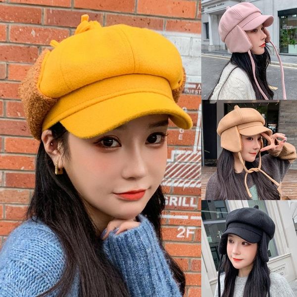 

women winter octagonal beret cap with plush lining earflap chin strap visor hat lx9e, Blue;gray