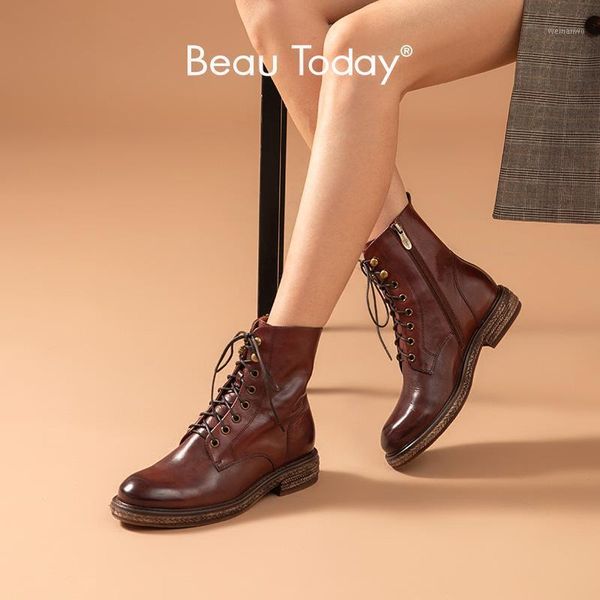 

beautoday fashion ankle boots women genuine cow leather waxing round toe rope sole lace-up winter lady boots handmade 036491, Black