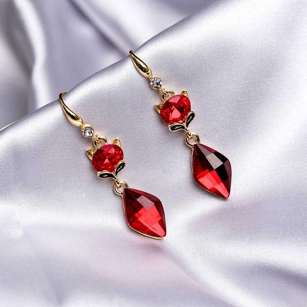 

korean red crystal fox net female lovely animal new silver pin earrings