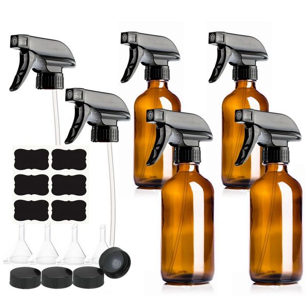 

4 Pack 250ml Empty Amber Glass Spray Bottle with Trigger Sprayer Chalkboard Label Storage Cap for Essential Oil Homemade Cleaner