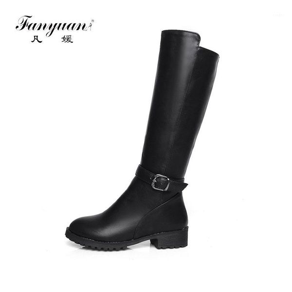 

boots fanyuan fashion women chunky low heel riding calf side zipper buckle knee high autumn winter solid flat shoes1, Black