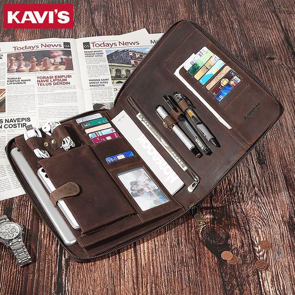 

kavis genuine leather ipad bag large capacity men clutch hand bags crazy horse leather male vintage card holder handbags zipper, Red;black