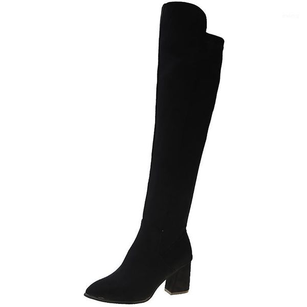 

boots flock over-the-knee women's elastic 2021 winter side zipper high-heeled thin pointed toe small heel shoes1, Black