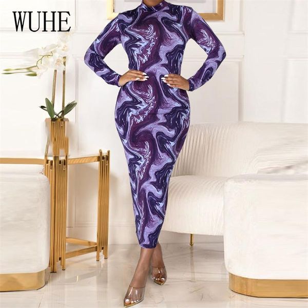 

wuhe purple print dress turtleneck long sleeve elegant vintage women skinny bodycon package hip casual party streetwear, Black;gray