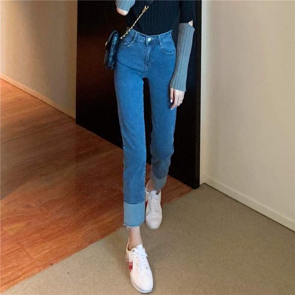 

2020 autumn new style color matching pants versatile thin jeans straight high waist capris women's wear