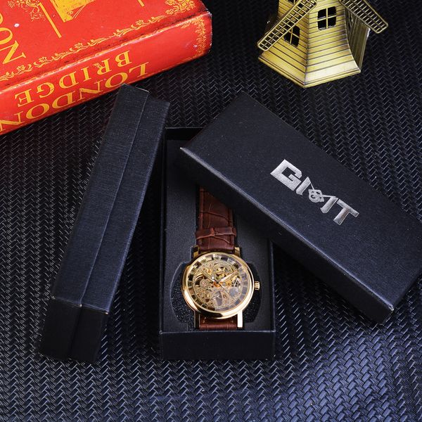 

winner transparent golden case casual design brown leather strap mens watches brand luxury mechanical skeleton watch q1219, Slivery;brown