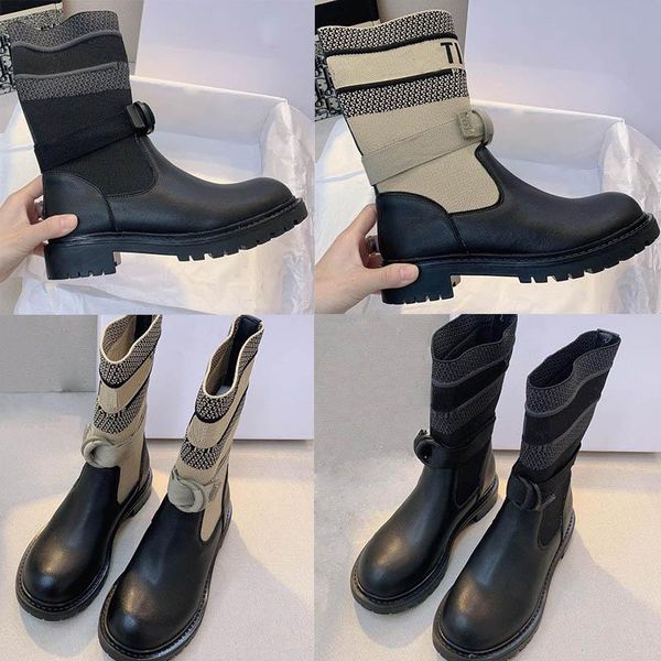

2021 the latest autumn winter electronic embroidery matching color letters logo round head middle boots for women, Black