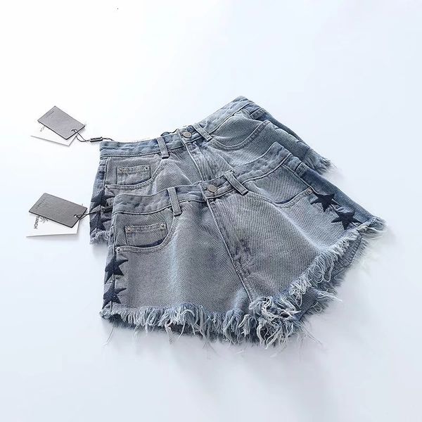

shorts women's new summer 2019 lace star embroidery high waist denim pants, Blue
