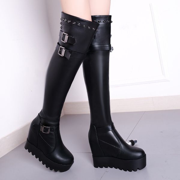 

winter 2021 new autumn chunky riveite fashionable plutonium leather on the knee women's growing height mujer boots 0pw8, Black