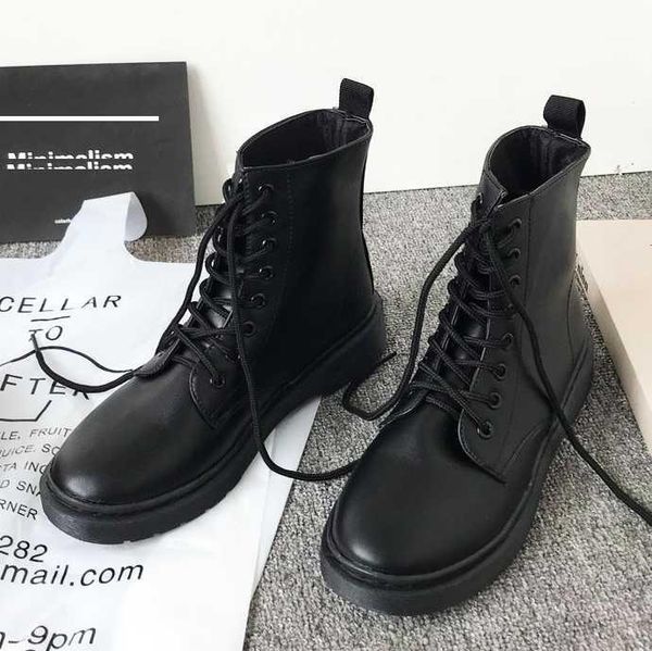 

motorcycle boots women shoes square heels platform lace up round toe fashion winter snow ankle work black western1