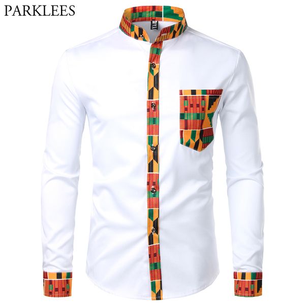

dashiki african mens shirt patchwork pocket africaine print shirt men ankara style long sleeve design collar mens dress shirts c0117, White;black