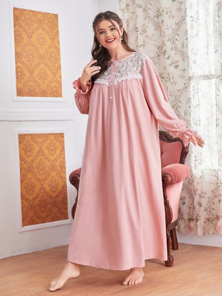 

plus contrast lace half button flounce sleeve nightdress o9l3#, Black;white