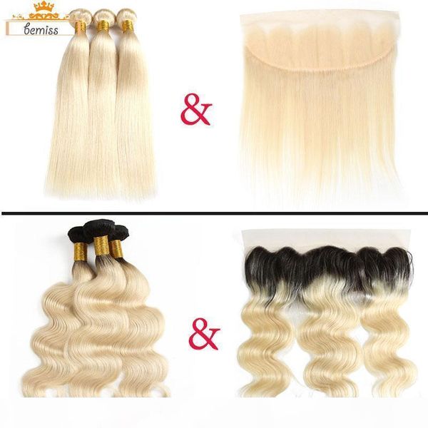 

brazilian 1b 613 straight human hair weaves with frontal closure 613 blonde brazilian virgin hair bundles with frontal ear to ear closure, Black