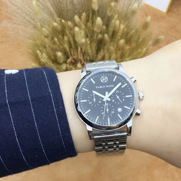 

pablo raez all subdials work fashion casual man chronograph watch stainless steel wristwatch male brand calendar clock japan quartz movement, Slivery;brown