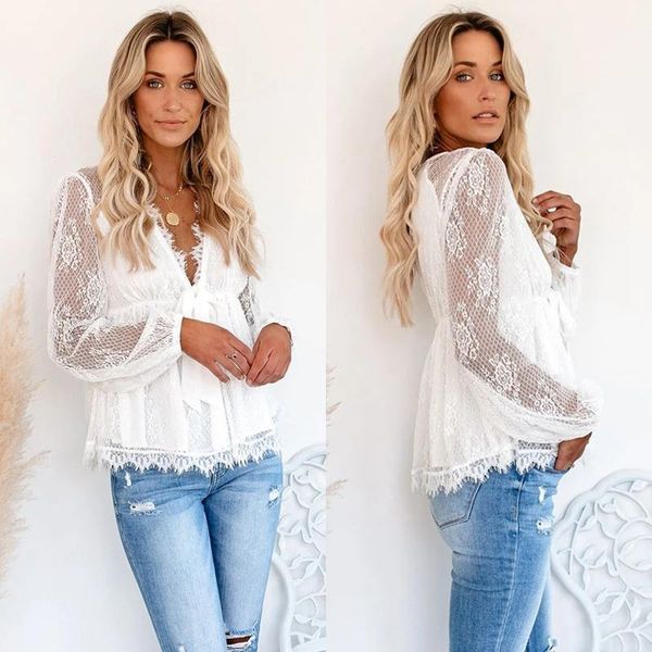 

women floral lace ladies blouse long sleeve shirt v-neck loose casual 1, White