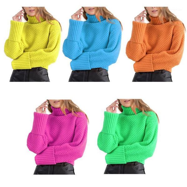 

women long sleeve waffle knit sweater turtleneck flourescent neon solid color loose pullover jumper streetwear1, White;black