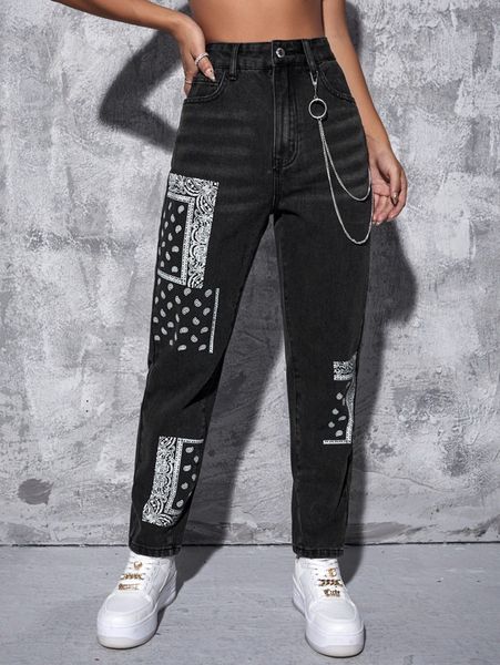 

high waist scarf print chain mom jeans x5pf#, Blue