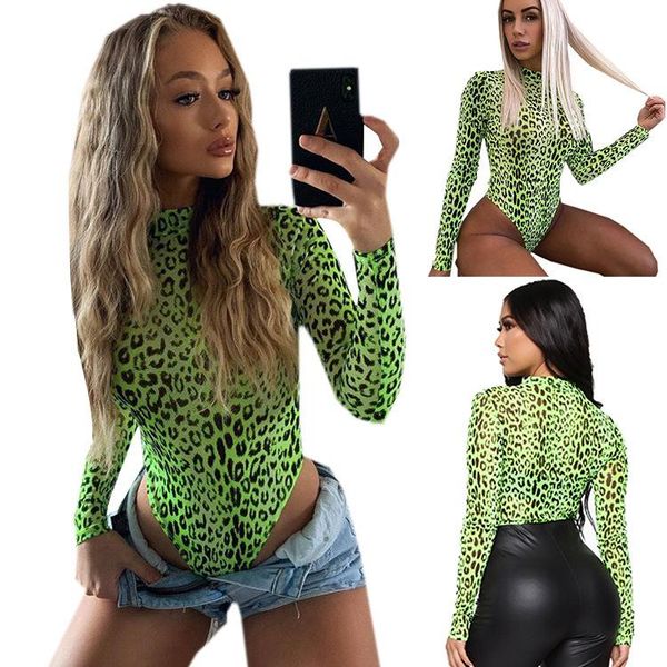 

2020 fashion bodysuit women leopard print long sleeve pullover stretchy body t shirt blouse tunics romper jumpsuit, Black;white