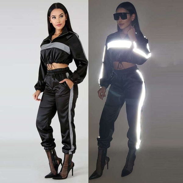 

autumn 8031 women's nightclub style winter fluorescent reflective long sleeve stitching sports suit, Gray
