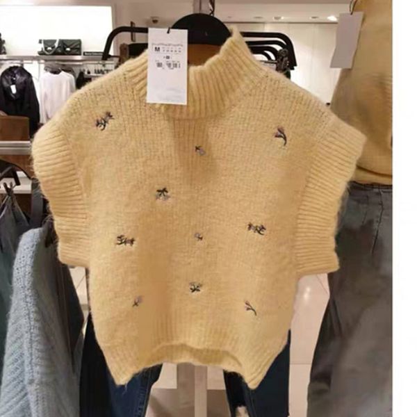 

vintage sweet floral embroidery yellow knitted vest sweater women fashion high neck sleeveless female waistcoat chic 201031, White;black