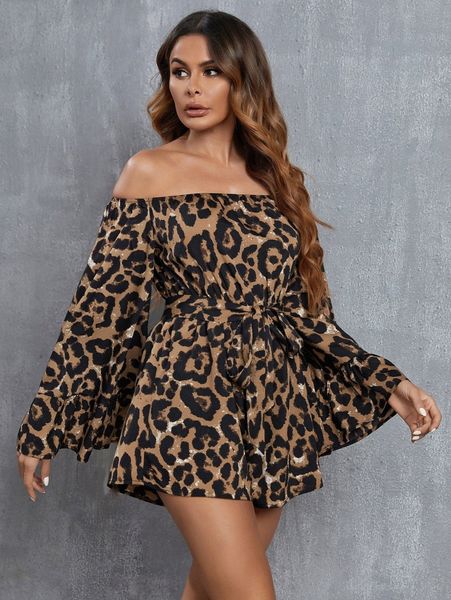 

leopard print off shoulder flounce sleeve belted romper r7j8#, White