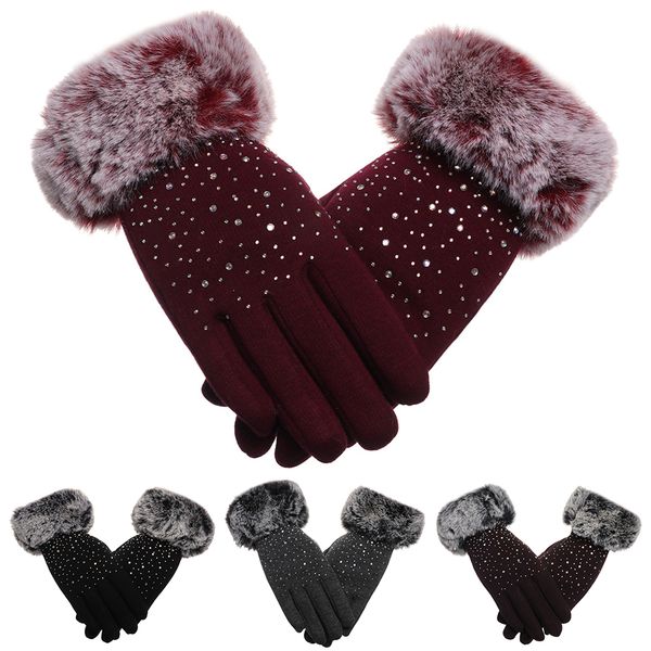 

1 pair new women faux fur shiny rhinestone winter touch screen mittens thicken warm gloves windproof cashmere hand warmer, Blue;gray